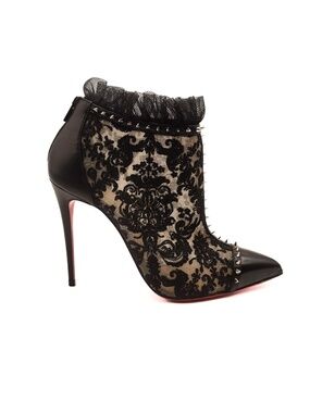 Christian Louboutin Lace Patent Leather Spiked Black Heeled Booties EU 37.5